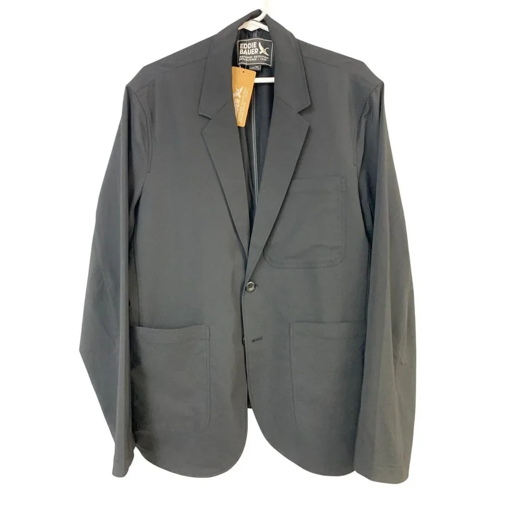 New Eddie Bauer Mens Size 44 Black Button Front Get Away Travel Blazer w Pockets